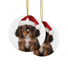 DistinctInk Hanging Ceramic Christmas Tree Ornament with Gold String - Great Gift/Present - 2 3/4 inch Diameter - English Toy Spaniel Puppy Design