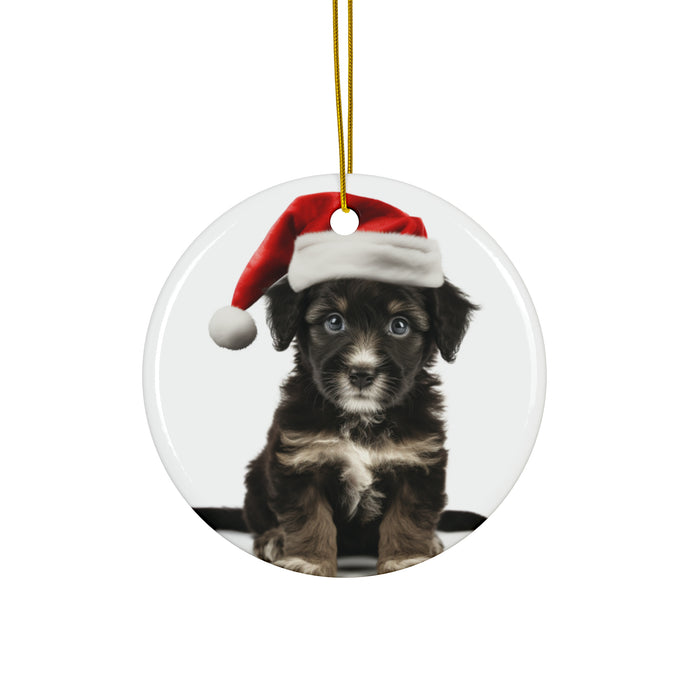 DistinctInk Hanging Ceramic Christmas Tree Ornament with Gold String - Great Gift/Present - 2 3/4 inch Diameter - Mudi Puppy Design