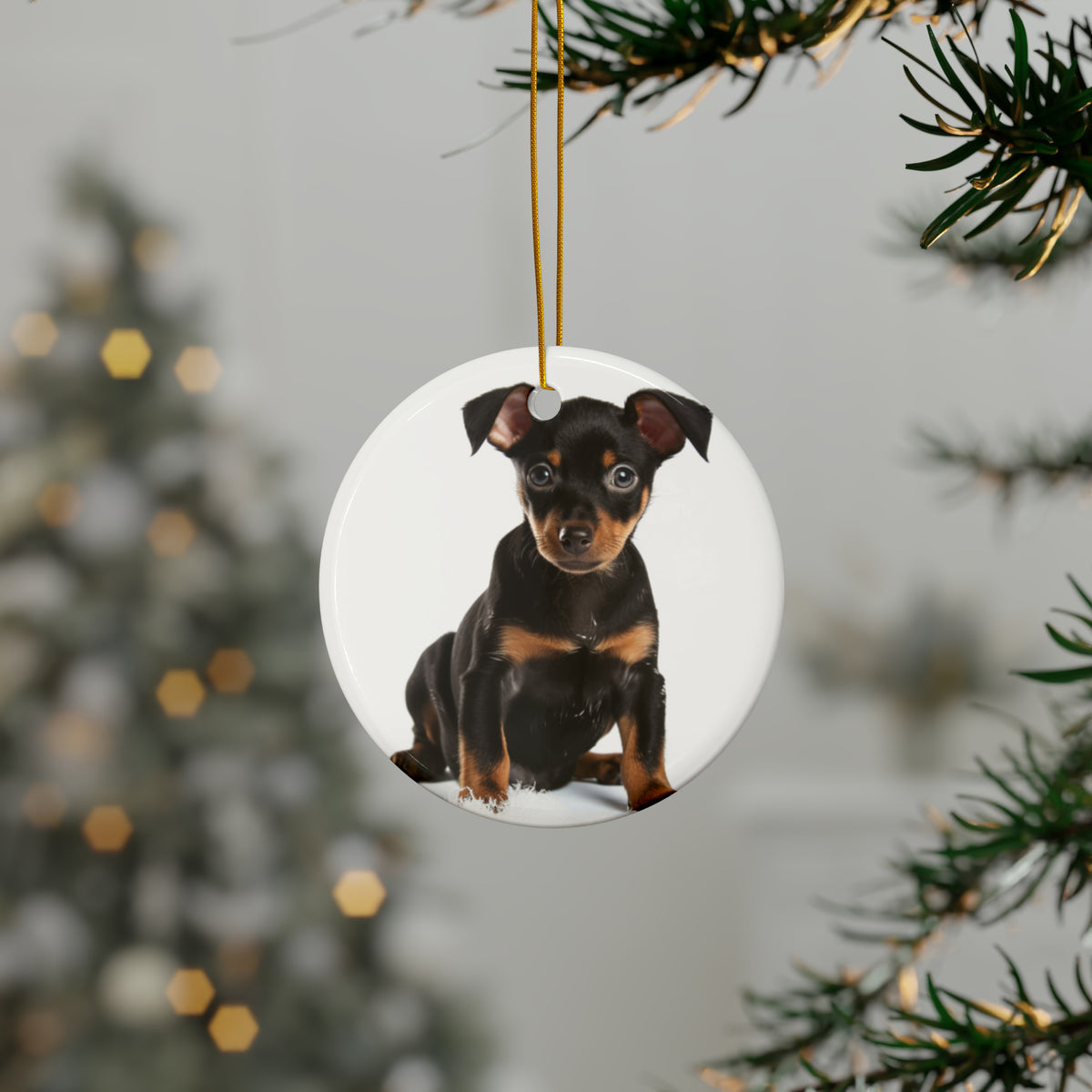 Hanging Ceramic Christmas Tree Ornament with Gold String - Manchester Terrier Puppy Design, view 3
