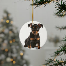 DistinctInk Hanging Ceramic Christmas Tree Ornament with Gold String - Great Gift/Present - 2 3/4 inch Diameter - Manchester Terrier Puppy Design