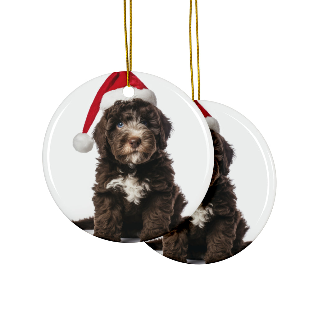 Hanging Ceramic Christmas Tree Ornament with Gold String - Spanish Water Dog Puppy Design, view 2