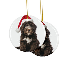 DistinctInk Hanging Ceramic Christmas Tree Ornament with Gold String - Great Gift/Present - 2 3/4 inch Diameter - Spanish Water Dog Puppy Design
