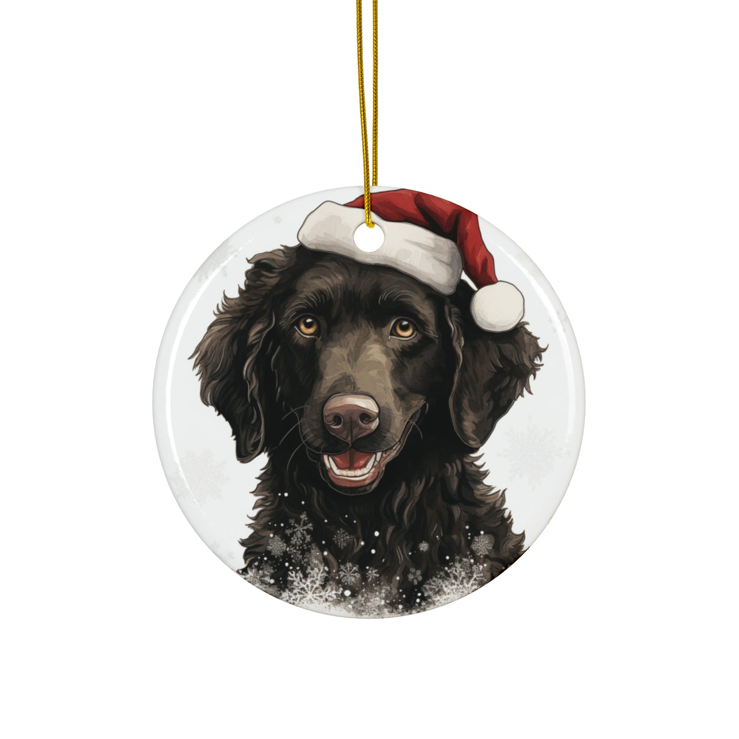 DistinctInk Hanging Ceramic Christmas Tree Ornament with Gold String - Great Gift/Present - 2 3/4 inch Diameter - Curly-Coated Retriever Puppy Drawing Design