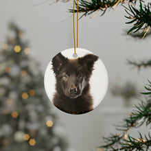 DistinctInk Hanging Ceramic Christmas Tree Ornament with Gold String - Great Gift/Present - 2 3/4 inch Diameter - Belgian Sheepdog Puppy Design