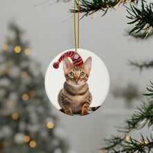 DistinctInk Hanging Ceramic Christmas Tree Ornament with Gold String - Great Gift/Present - 2 3/4 inch Diameter - Bengal Cat Design