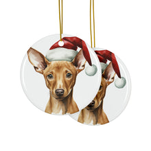 DistinctInk Hanging Ceramic Christmas Tree Ornament with Gold String - Great Gift/Present - 2 3/4 inch Diameter - Pharaoh Hound Puppy Drawing Design