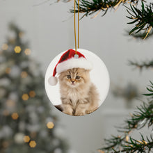 DistinctInk Hanging Ceramic Christmas Tree Ornament with Gold String - Great Gift/Present - 2 3/4 inch Diameter - Persian Kitten Design