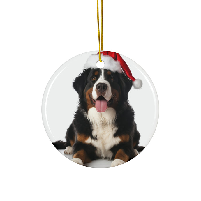 DistinctInk Hanging Ceramic Christmas Tree Ornament with Gold String - Great Gift/Present - 2 3/4 inch Diameter - Bernese Mountain Dog Design