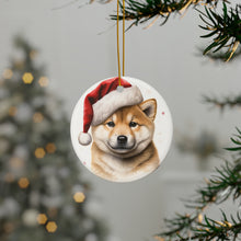 DistinctInk Hanging Ceramic Christmas Tree Ornament with Gold String - Great Gift/Present - 2 3/4 inch Diameter - Shiba Inu Puppy Drawing Design