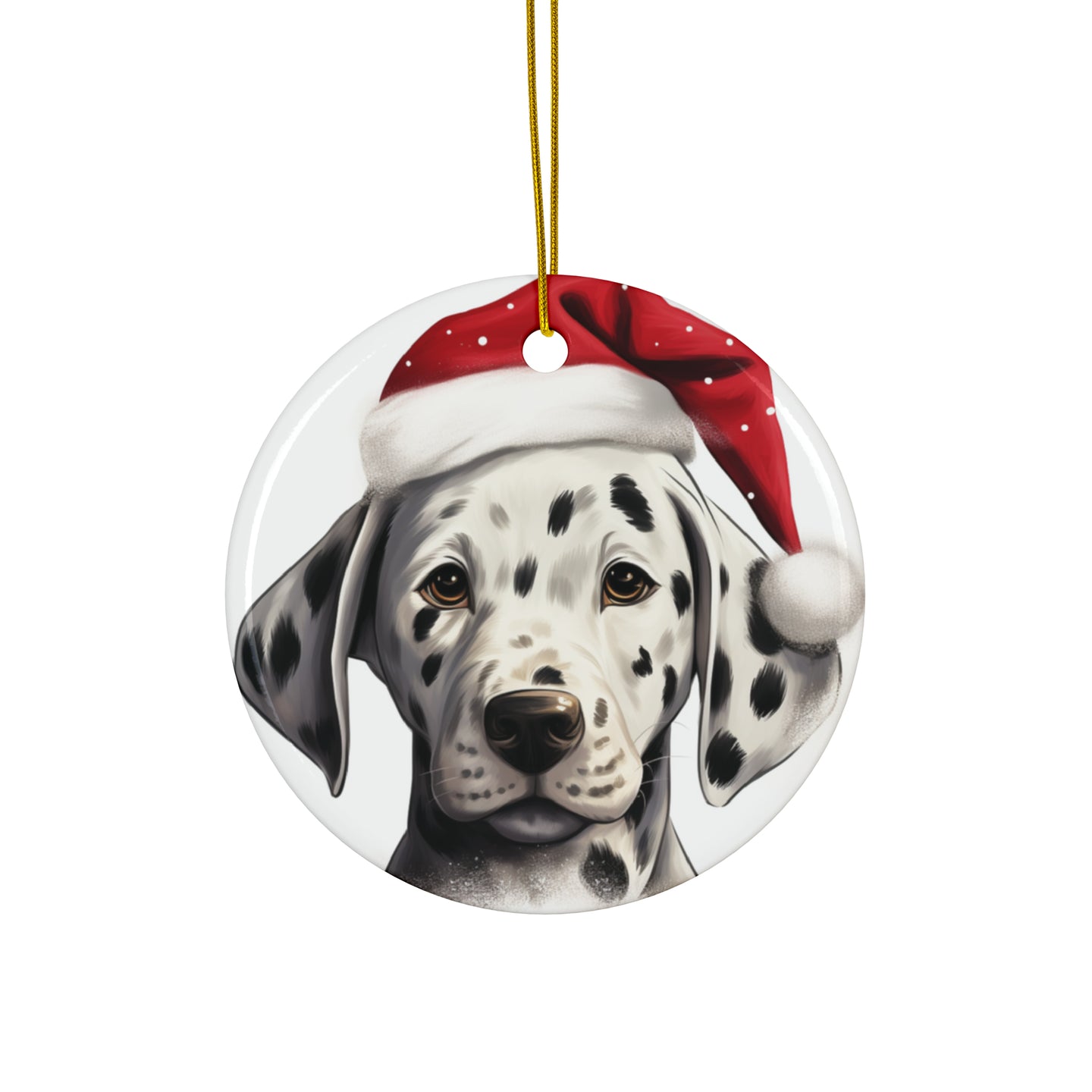 DistinctInk Hanging Ceramic Christmas Tree Ornament with Gold String - Great Gift/Present - 2 3/4 inch Diameter - Dalmatian Puppy Drawing Design