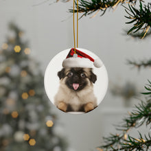 DistinctInk Hanging Ceramic Christmas Tree Ornament with Gold String - Great Gift/Present - 2 3/4 inch Diameter - Tibetan Spaniel Puppy Design