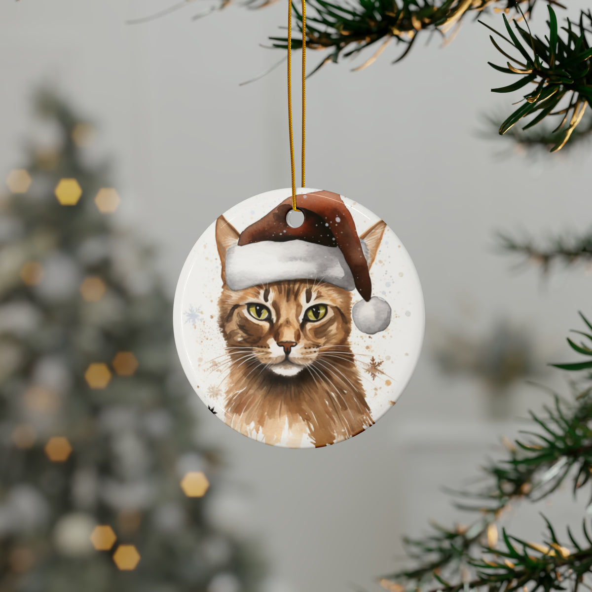 Hanging Ceramic Christmas Tree Ornament with Gold String - Havana Brown Cat Design, view 3