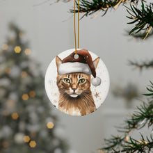 DistinctInk Hanging Ceramic Christmas Tree Ornament with Gold String - Great Gift/Present - 2 3/4 inch Diameter - Havana Brown Cat Design