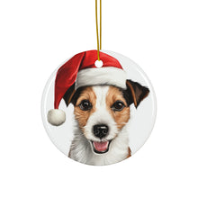 DistinctInk Hanging Ceramic Christmas Tree Ornament with Gold String - Great Gift/Present - 2 3/4 inch Diameter - Russell Terrier Design