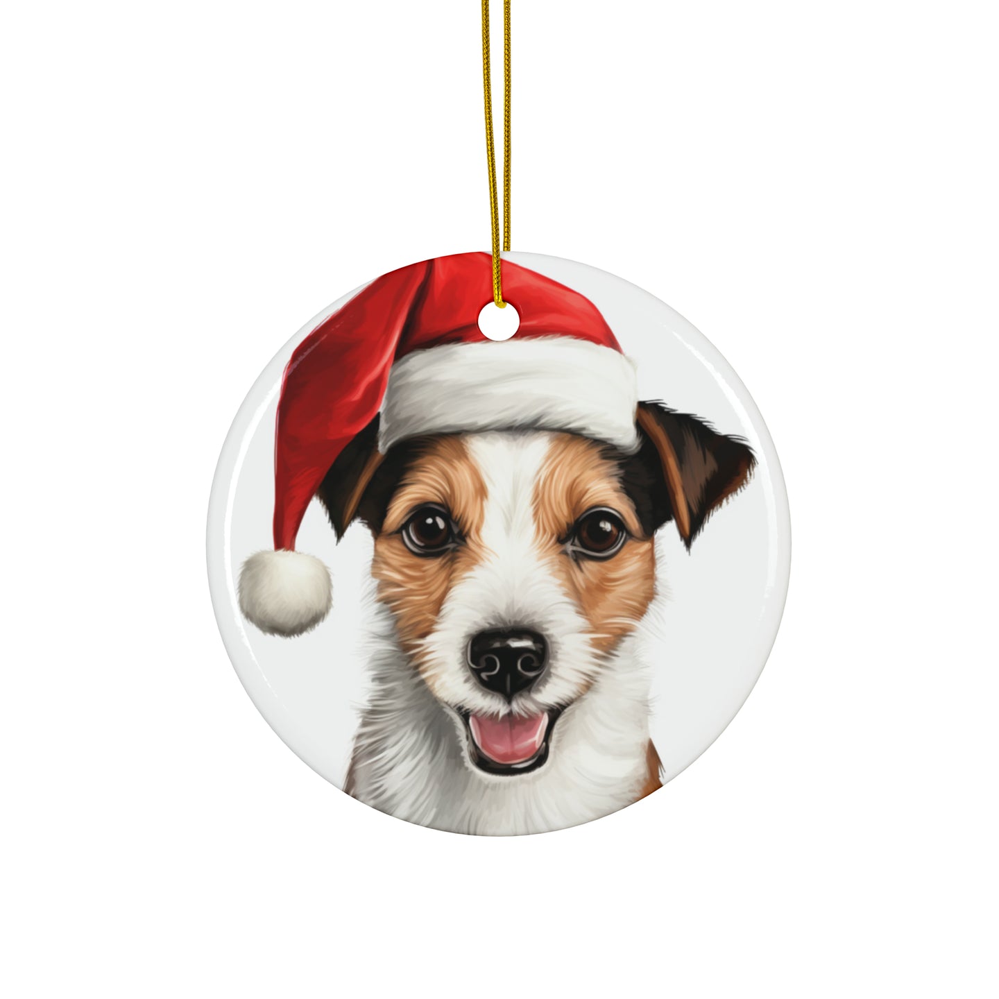 DistinctInk Hanging Ceramic Christmas Tree Ornament with Gold String - Great Gift/Present - 2 3/4 inch Diameter - Russell Terrier Design