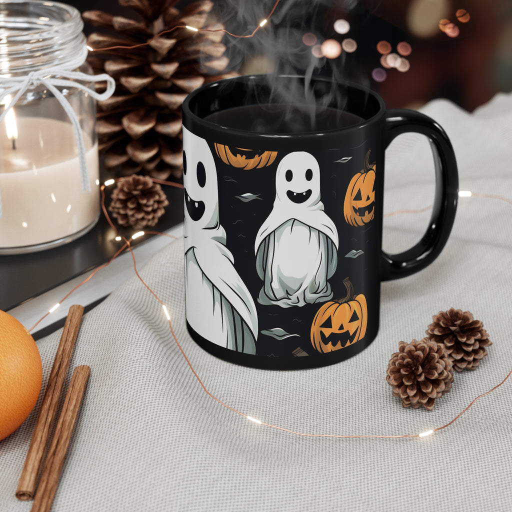 Black Coffee Mug - Skelepumpkin Ghostpattern for Halloween, view 4