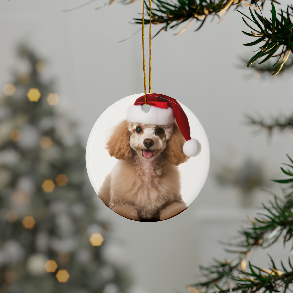 Hanging Ceramic Christmas Tree Ornament with Gold String - Poodle Design, view 3