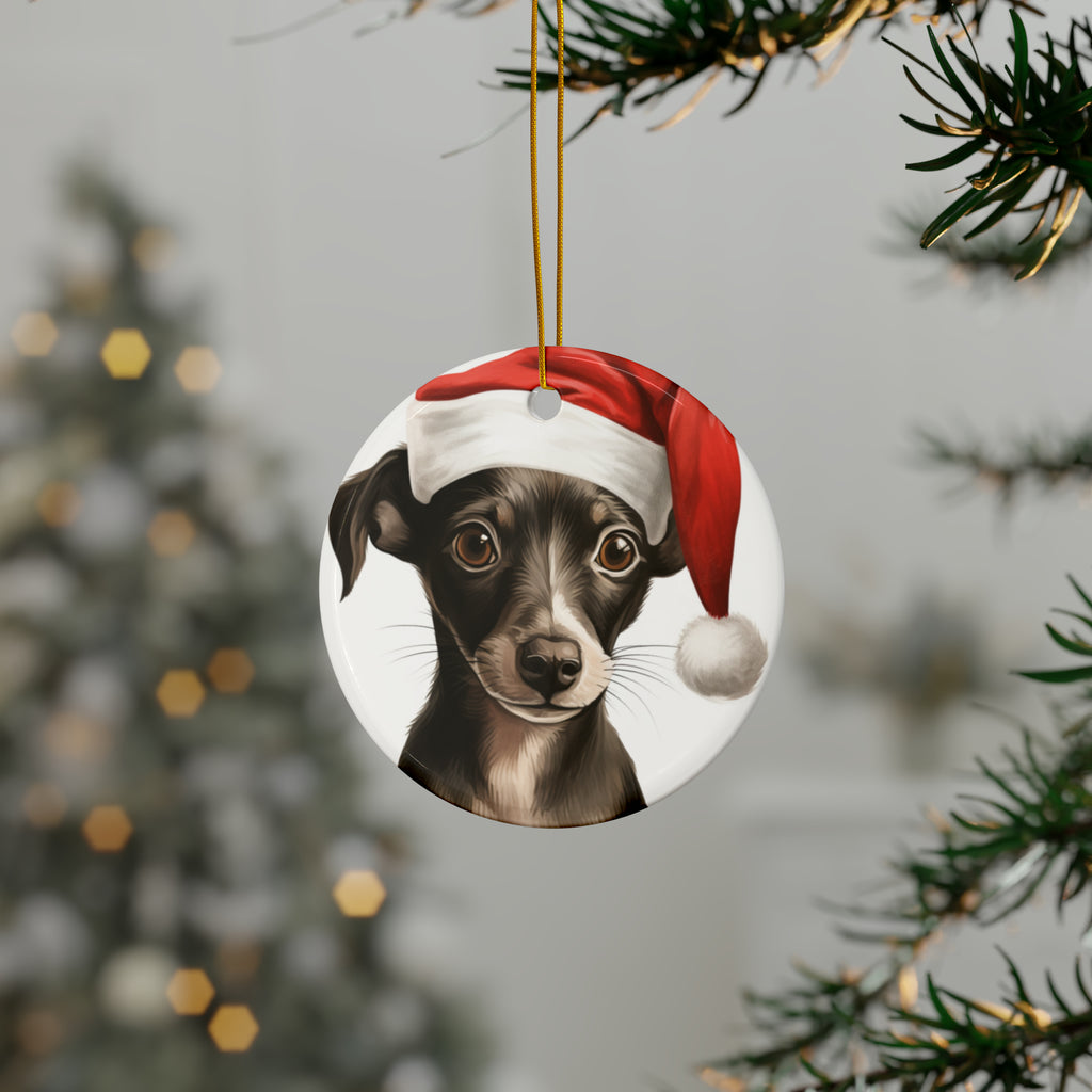 Hanging Ceramic Christmas Tree Ornament with Gold String - Italian Greyhound Puppy Drawing Design, view 3