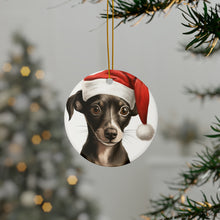DistinctInk Hanging Ceramic Christmas Tree Ornament with Gold String - Great Gift/Present - 2 3/4 inch Diameter - Italian Greyhound Puppy Drawing Design