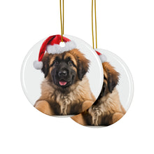 DistinctInk Hanging Ceramic Christmas Tree Ornament with Gold String - Great Gift/Present - 2 3/4 inch Diameter - Leonberger Puppy Design