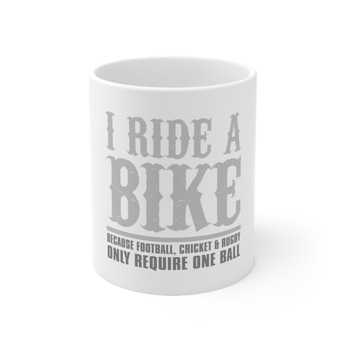 DistinctInk Glossy White Coffee / Tea Mug - I Ride Bike - Sports Only Require 1 Ball