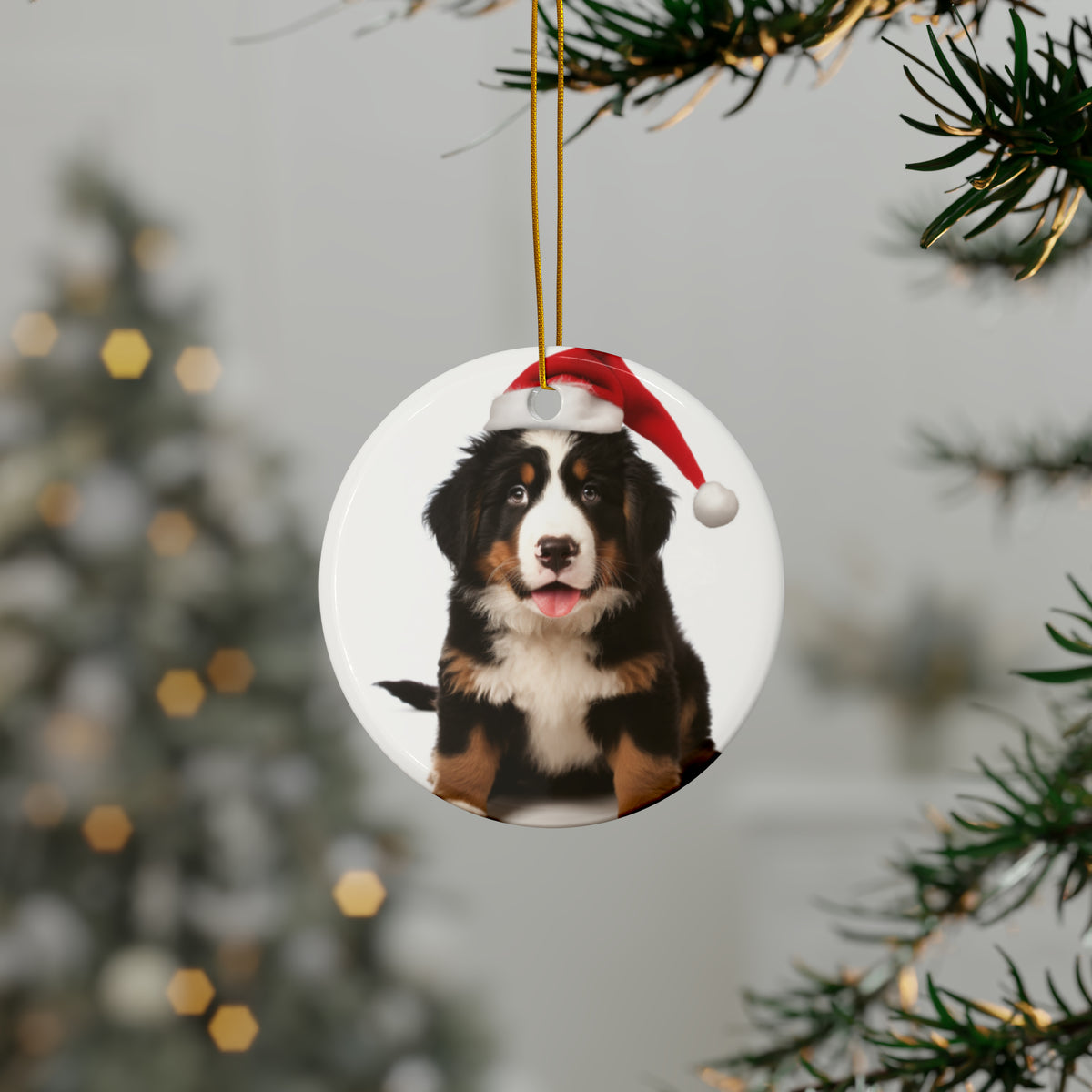 Hanging Ceramic Christmas Tree Ornament with Gold String - Bernese Mountain Dog Puppy Design, view 3