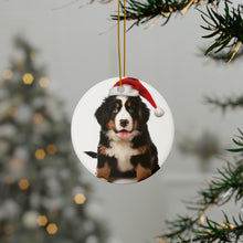 DistinctInk Hanging Ceramic Christmas Tree Ornament with Gold String - Great Gift/Present - 2 3/4 inch Diameter - Bernese Mountain Dog Puppy Design