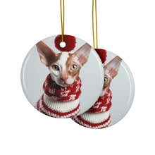 DistinctInk Hanging Ceramic Christmas Tree Ornament with Gold String - Great Gift/Present - 2 3/4 inch Diameter - Cornish Rex Cat Design