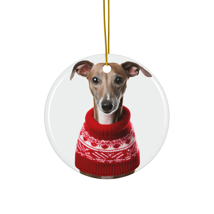 DistinctInk Hanging Ceramic Christmas Tree Ornament with Gold String - Great Gift/Present - 2 3/4 inch Diameter - Azawakh Design