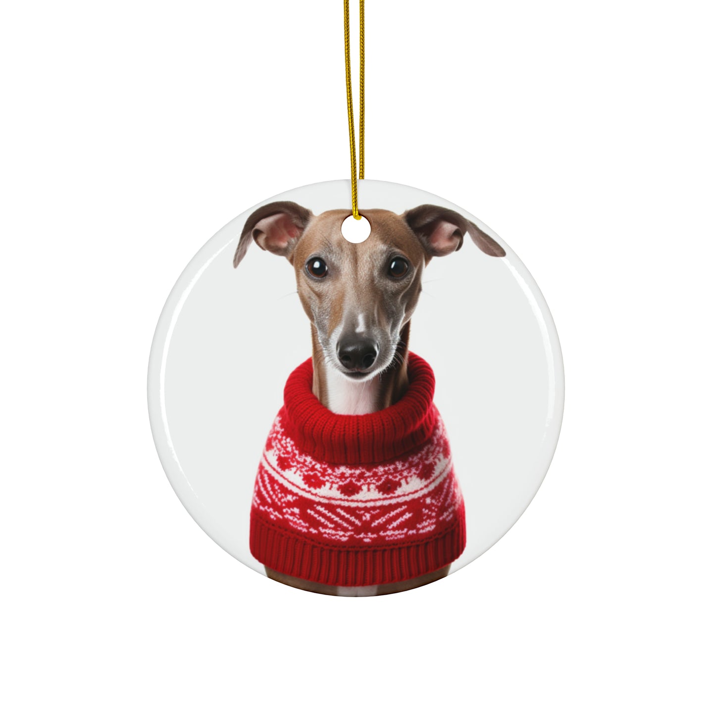DistinctInk Hanging Ceramic Christmas Tree Ornament with Gold String - Great Gift/Present - 2 3/4 inch Diameter - Azawakh Design