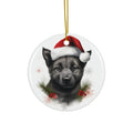 Hanging Ceramic Christmas Tree Ornament with Gold String - Norwegian Elkhound Puppy Drawing Design