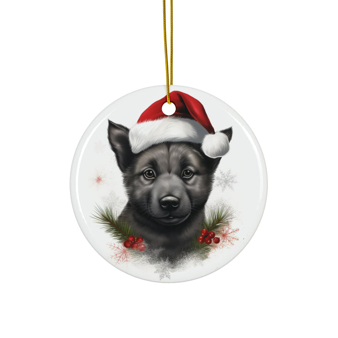 DistinctInk Hanging Ceramic Christmas Tree Ornament with Gold String - Great Gift/Present - 2 3/4 inch Diameter - Norwegian Elkhound Puppy Drawing Design