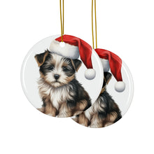 DistinctInk Hanging Ceramic Christmas Tree Ornament with Gold String - Great Gift/Present - 2 3/4 inch Diameter - Biewer Terrier Puppy Drawing Design