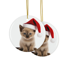 DistinctInk Hanging Ceramic Christmas Tree Ornament with Gold String - Great Gift/Present - 2 3/4 inch Diameter - Burmese Kitten Design