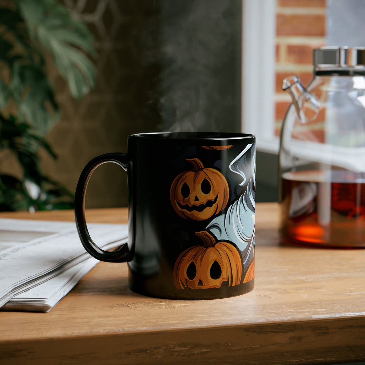 Black Coffee Mug - Spooky Skeletal Pumpkin Patch for Halloween, view 6