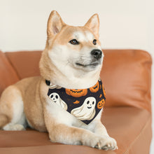 DistinctInk Adjustable Pet Banana Collar with Ghastly Skeleton Pumpkin Party Design for Halloween