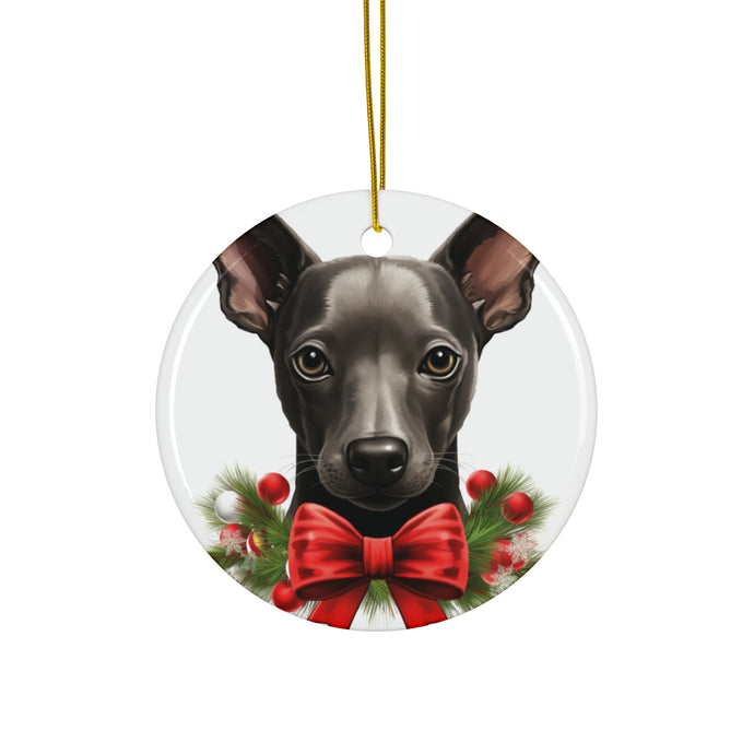 DistinctInk Hanging Ceramic Christmas Tree Ornament with Gold String - Great Gift/Present - 2 3/4 inch Diameter - Xoloitzcuintli Puppy Drawing Design