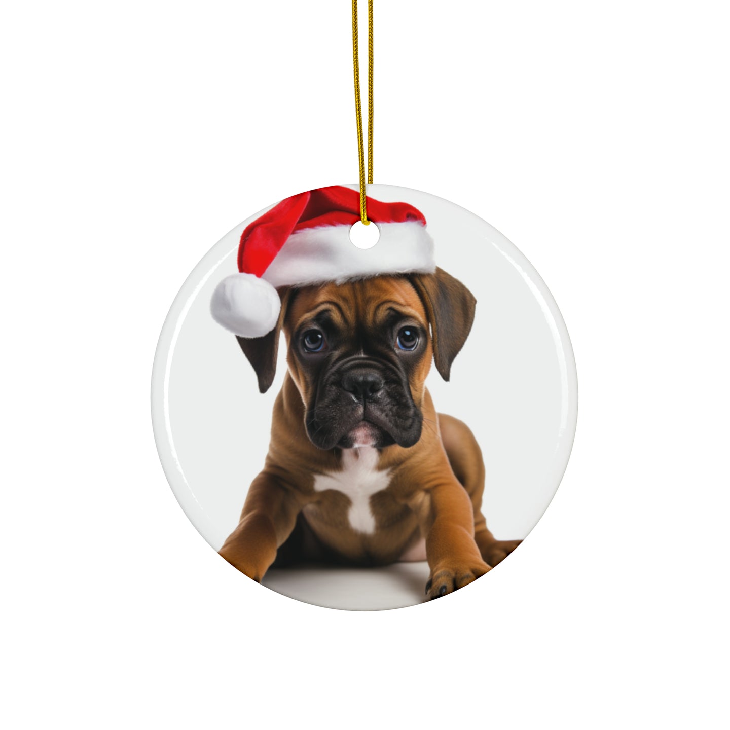 DistinctInk Hanging Ceramic Christmas Tree Ornament with Gold String - Great Gift/Present - 2 3/4 inch Diameter - Boxer Puppy Design