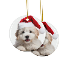 DistinctInk Hanging Ceramic Christmas Tree Ornament with Gold String - Great Gift/Present - 2 3/4 inch Diameter - Coton de Tulear Puppy Design