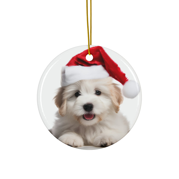 DistinctInk Hanging Ceramic Christmas Tree Ornament with Gold String - Great Gift/Present - 2 3/4 inch Diameter - Coton de Tulear Puppy Design