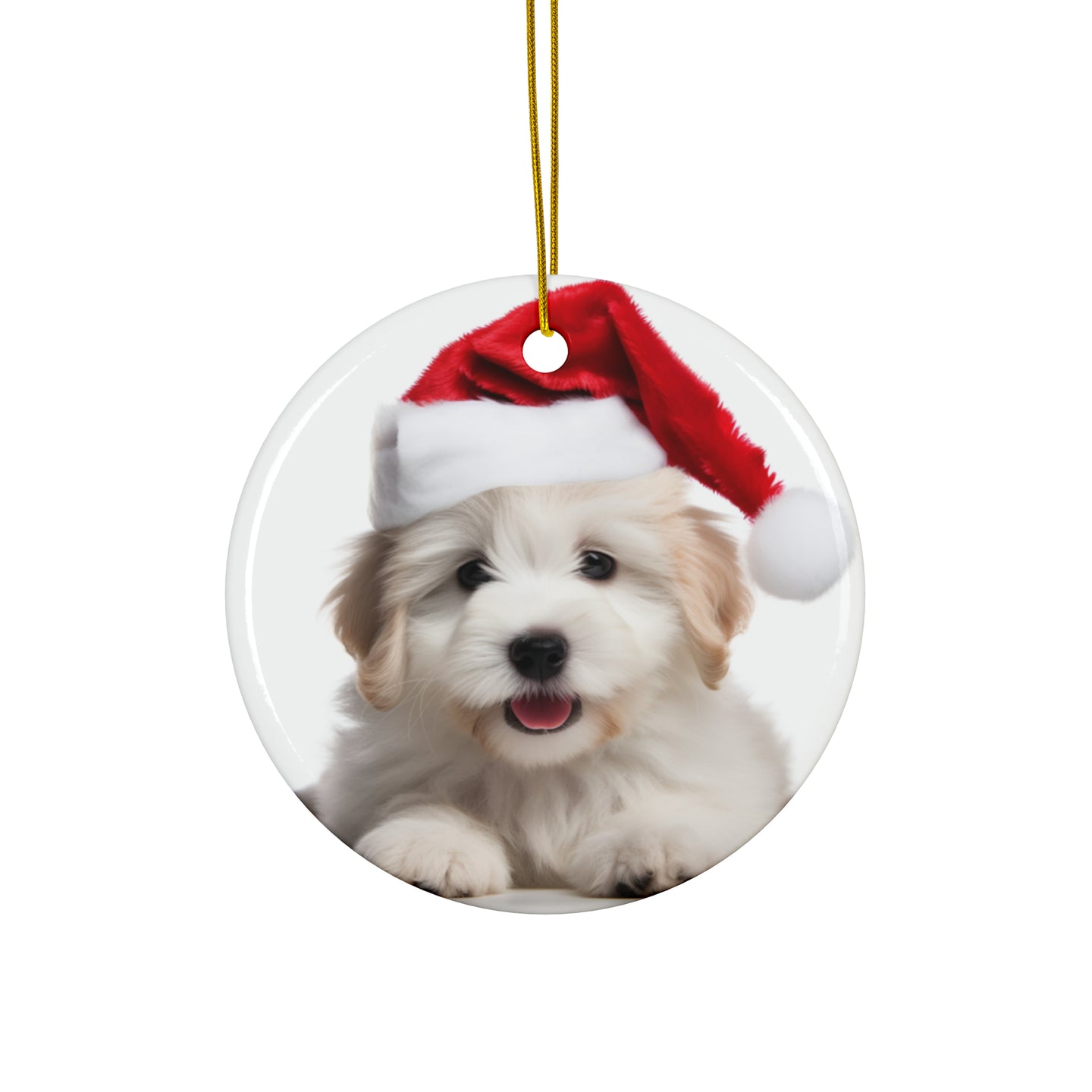 DistinctInk Hanging Ceramic Christmas Tree Ornament with Gold String - Great Gift/Present - 2 3/4 inch Diameter - Coton de Tulear Puppy Design