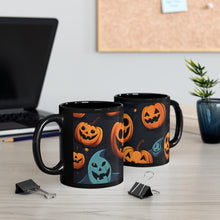 DistinctInk Black Coffee Mug - Nightly Fright of Bats and Ghouls for Halloween