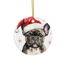 DistinctInk Hanging Ceramic Christmas Tree Ornament with Gold String - Great Gift/Present - 2 3/4 inch Diameter - French Bulldog Drawing Design