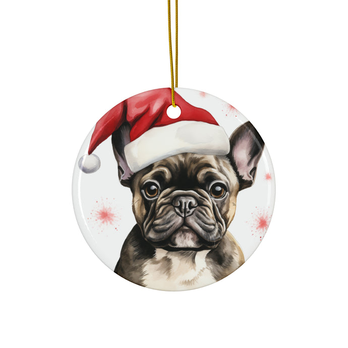 DistinctInk Hanging Ceramic Christmas Tree Ornament with Gold String - Great Gift/Present - 2 3/4 inch Diameter - French Bulldog Drawing Design