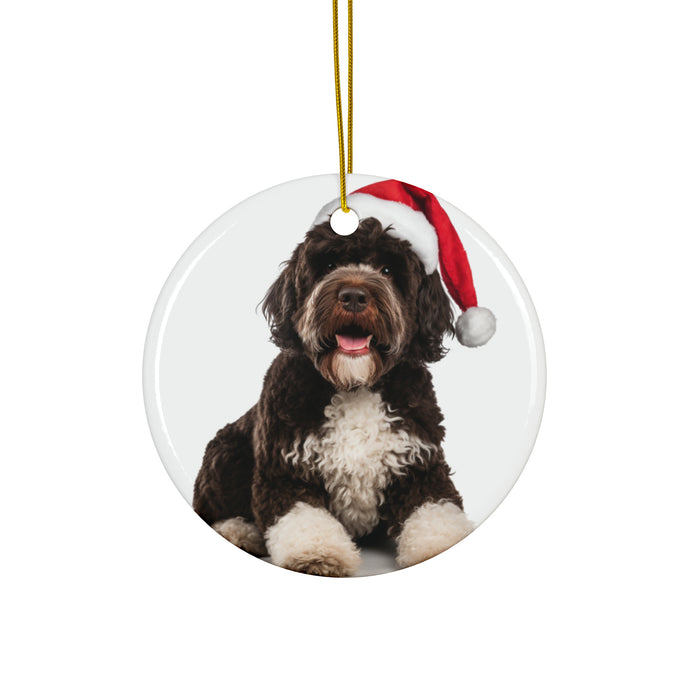 DistinctInk Hanging Ceramic Christmas Tree Ornament with Gold String - Great Gift/Present - 2 3/4 inch Diameter - Spanish Water Dog Design
