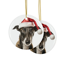DistinctInk Hanging Ceramic Christmas Tree Ornament with Gold String - Great Gift/Present - 2 3/4 inch Diameter - Greyhound Design