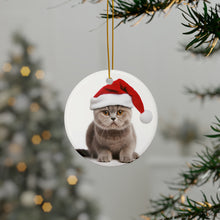 DistinctInk Hanging Ceramic Christmas Tree Ornament with Gold String - Great Gift/Present - 2 3/4 inch Diameter - Scottish Fold Cat Design