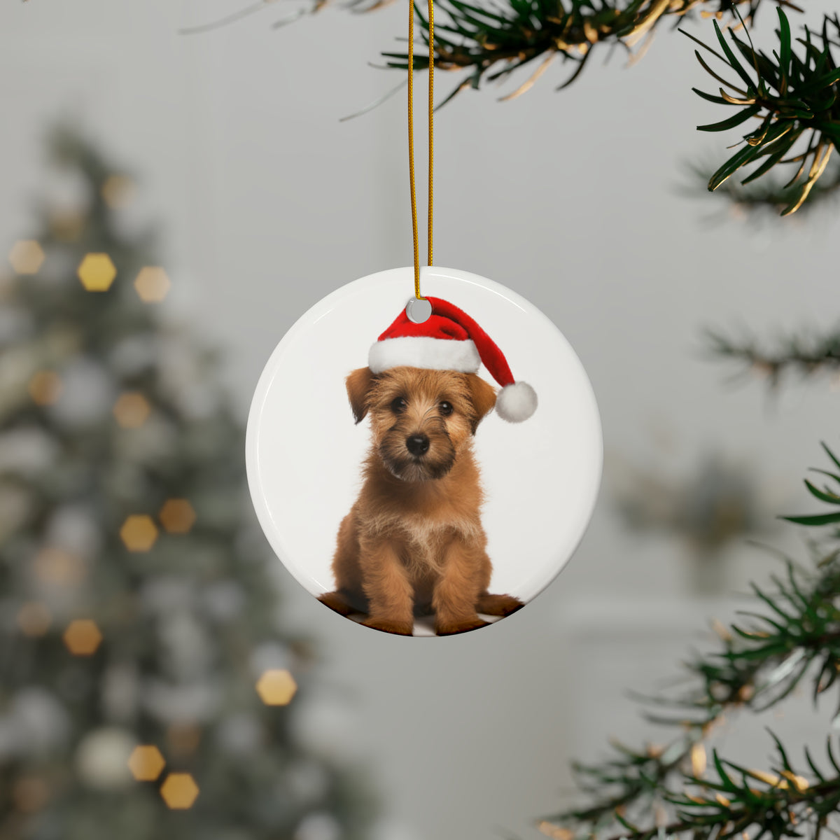 Hanging Ceramic Christmas Tree Ornament with Gold String - Norfolk Terrier Puppy Design, view 3