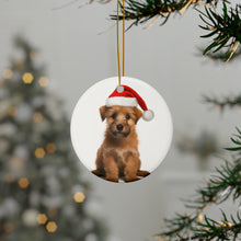 DistinctInk Hanging Ceramic Christmas Tree Ornament with Gold String - Great Gift/Present - 2 3/4 inch Diameter - Norfolk Terrier Puppy Design