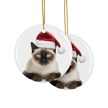 DistinctInk Hanging Ceramic Christmas Tree Ornament with Gold String - Great Gift/Present - 2 3/4 inch Diameter - Siamese Cat Design
